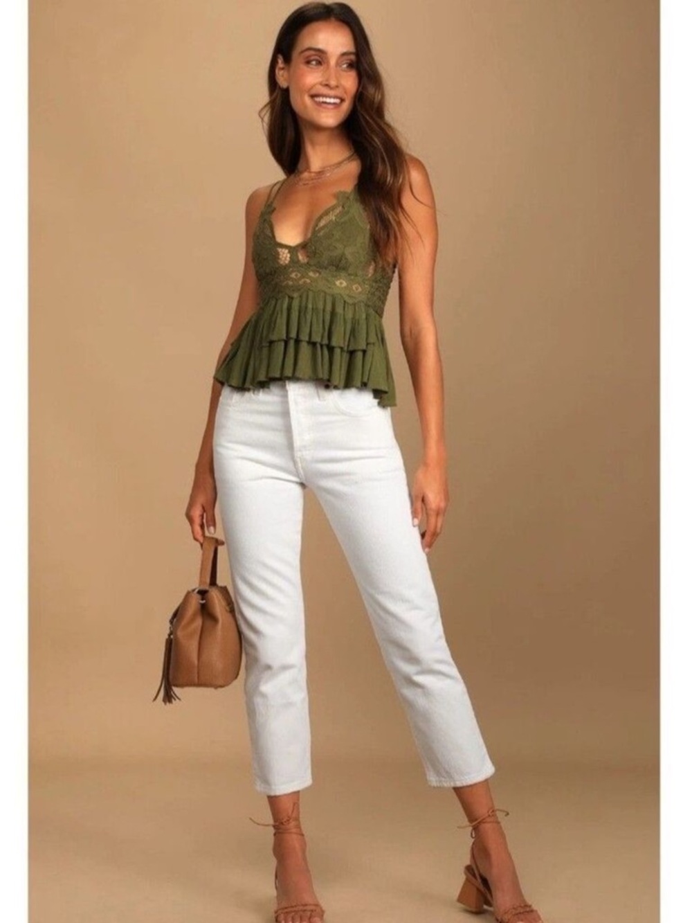 Free People Adella Cami Lace Olive Green Sparrow Size XS & Med $68 Retail NWT